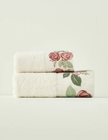 %100 Pamuk Rose Baskılı El Havlusu Krem (30x50 cm)