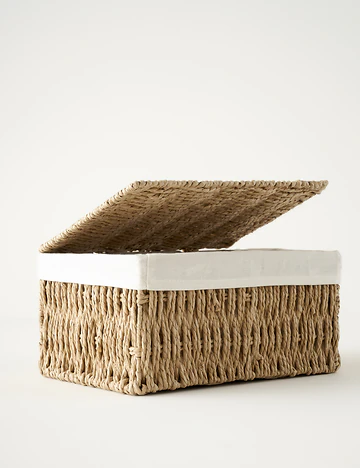 Talie Bezli Kapaklı Sepet Naturel (30x21x15 cm)