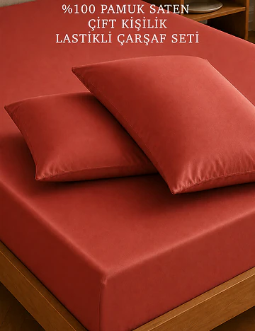%100 Pamuk Saten Çift Kişilik Lastikli Çarşaf Seti Kiremit (160x200x35 cm)