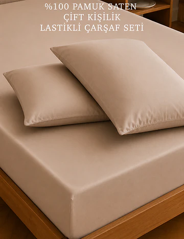 %100 Pamuk Saten Çift Kişilik Lastikli Çarşaf Seti Vizon (160x200x35 cm)